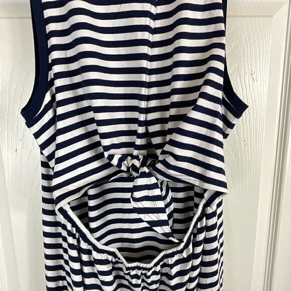 New J Crew Women Sz L Navy White Striped Dress Back Tie Sleeveless Knit Midi R3 - Picture 8 of 11
